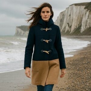 Saint James Navy and Camel Color-block Wool Coat Size EU 42 /CAD 12 NWT